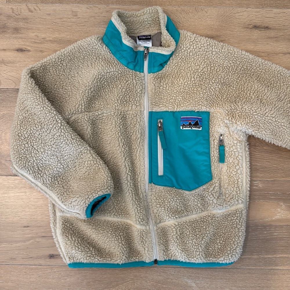 Patagonia retro-x lined windproof fleece jacket size small 8 oatmeal turquoise
